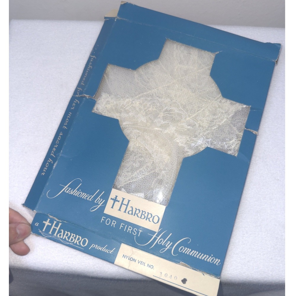Vintage‎ Harbro First Holy Communion Nylon Veil No 1040 Original Box Lace Ivory